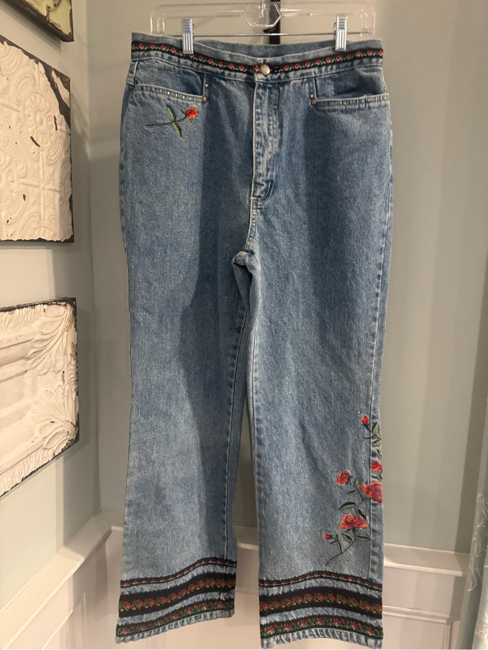 Bill Blass Vintage 90’s Light Blue Jeans with Red Floral Embroidery